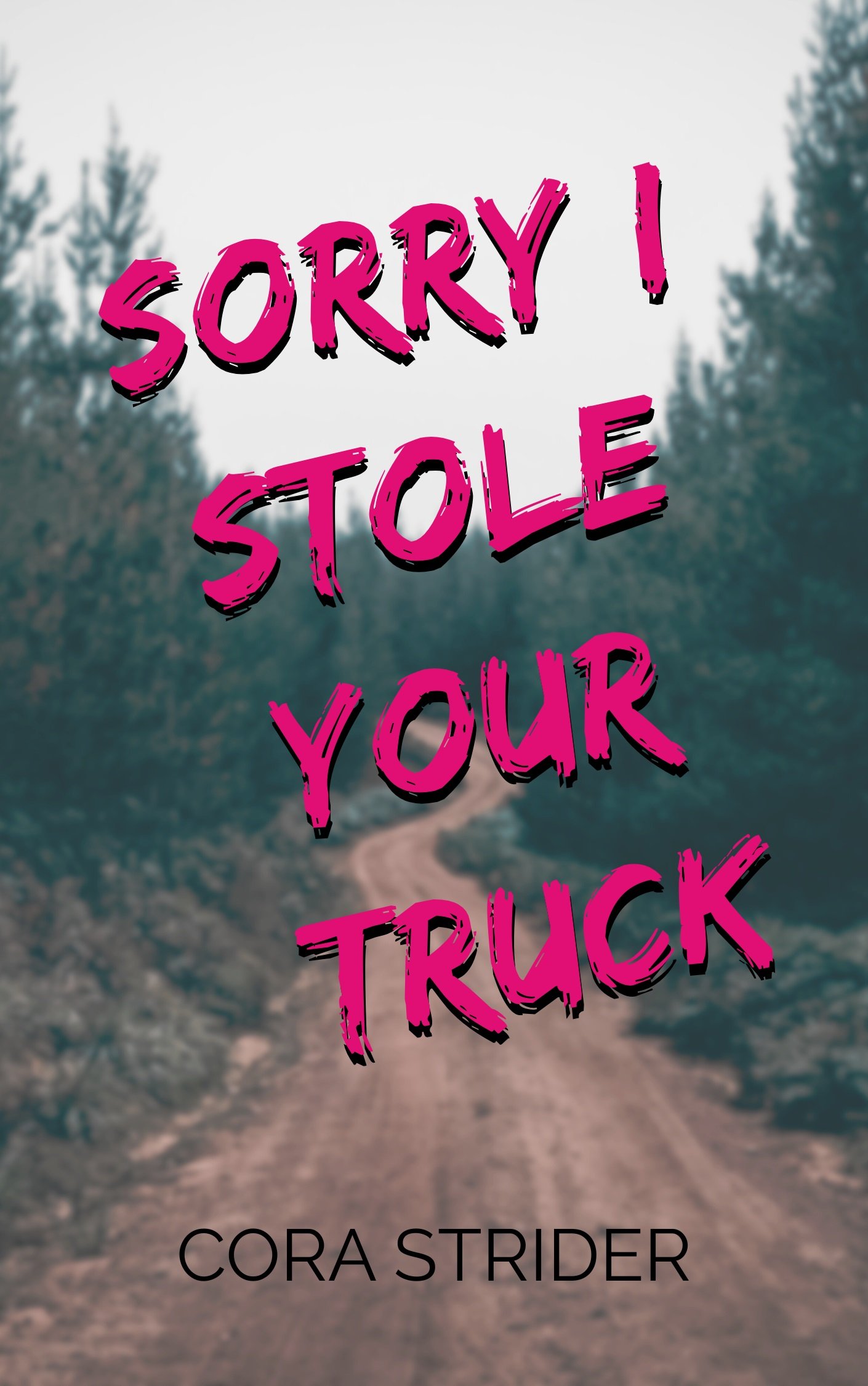 A dirt road winds through the forest overlaid by the title Sorry I Stole Your Truck by author Cora Strider